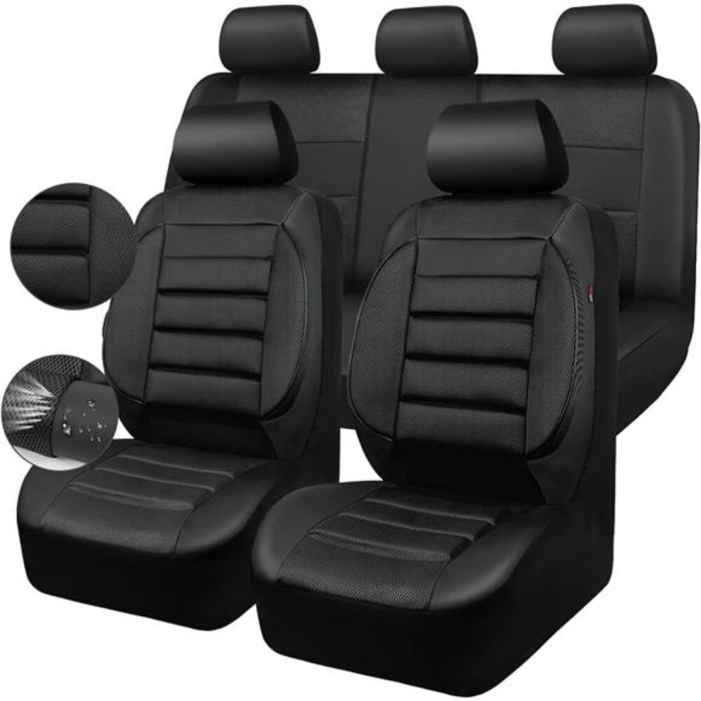 Leather 3D Foam Back Support Car Seat Covers Full Set Air Mesh Automotive Covers